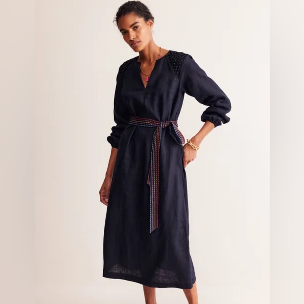 Boden Blue Wrap Midi Dress with Bishop Sleeves